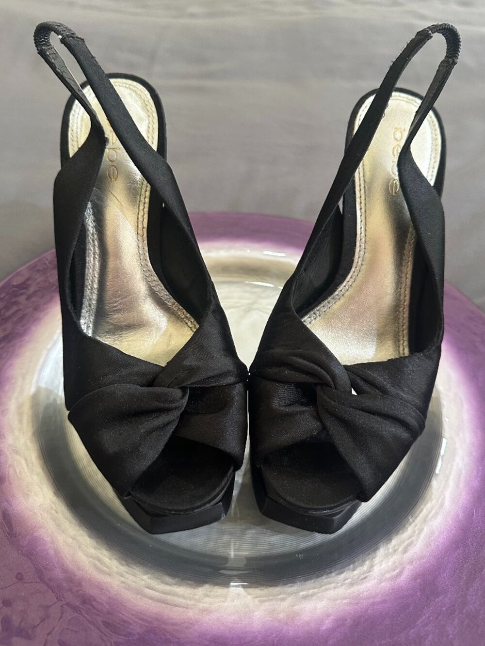 Bebe Zelda Black Stiletto Platform Peep Toe Heels "McBling Era" Y2K Size 7B VG+